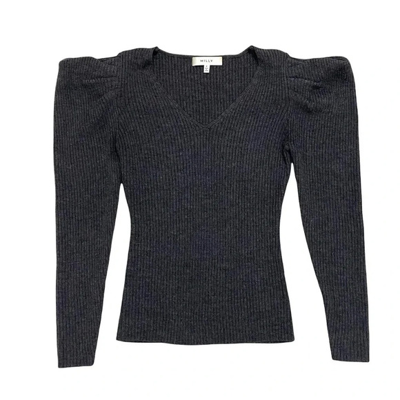 MILLY Isabella Puffed Shoulder Ribbed Wool Sweater Long Sleeve Gray Size 2 - Picture 10 of 10